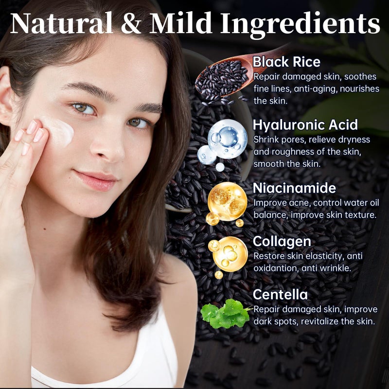MIZEEYE Natural Black Rice Skin Care Routine Set For Women, Anti Aging Face Kit With Face Wash, Toner, Serum, Body Lotion, Cream, Eye Cream, 6 PCS Skin Care Gift Set For All Skin Types, Acne, Fine Lines - Image 3